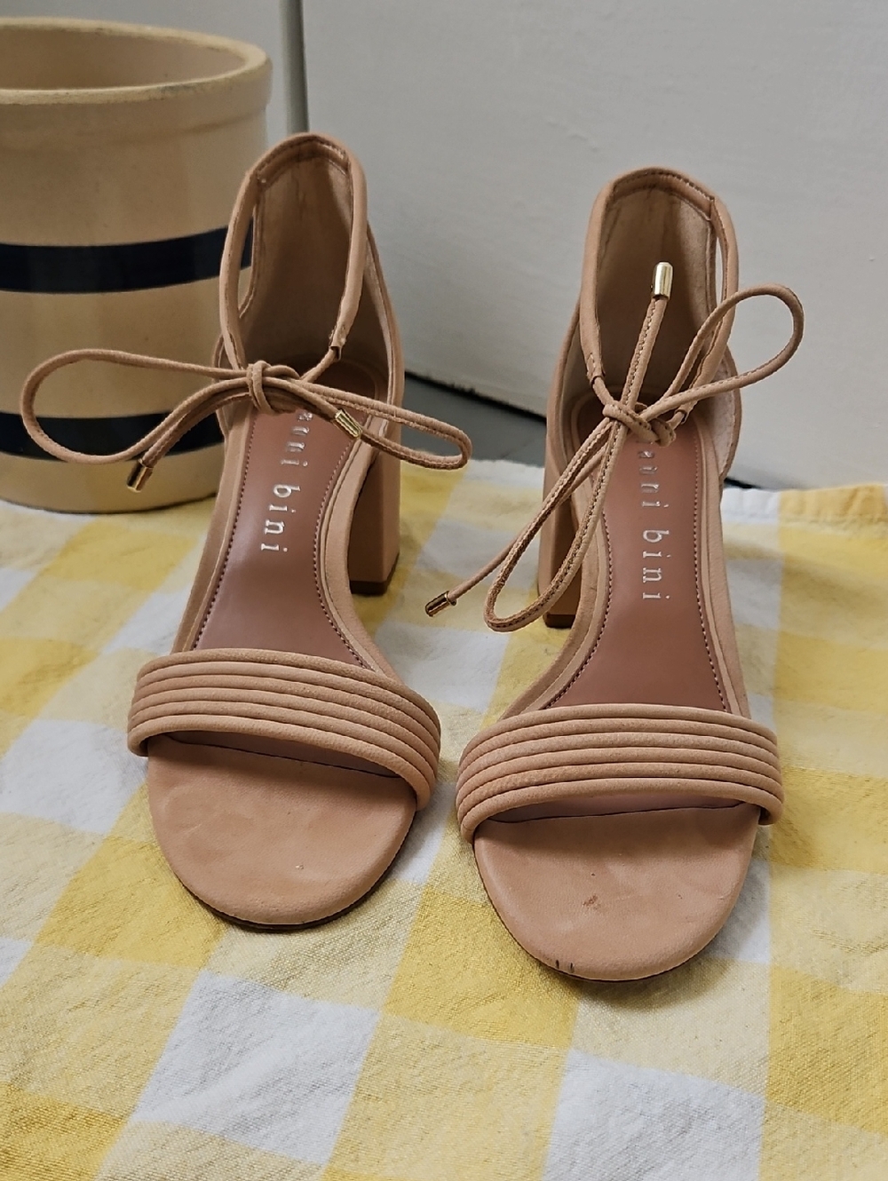 Gianni Bini Nude/Tan Suede Block Heel Sandals with Ankle Tie